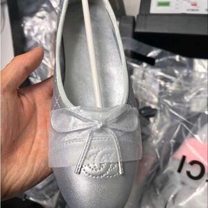 CHANEL Silver Metallic Leather Ballet Flat with Bow Accent